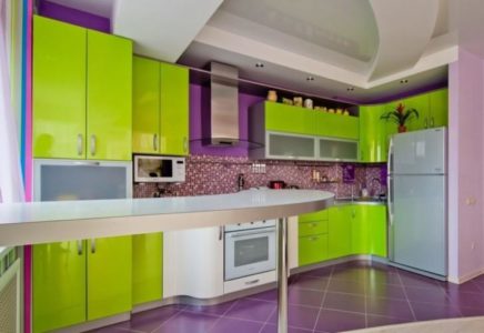 Салатовая кухня оформление стен и потолка